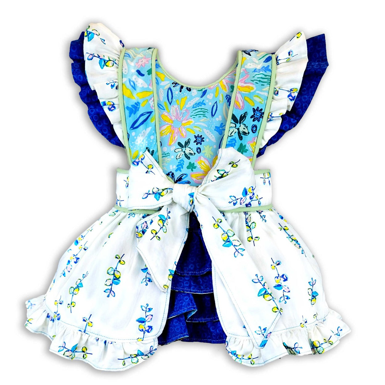 ruffled little girls dress with bow blue cream mint