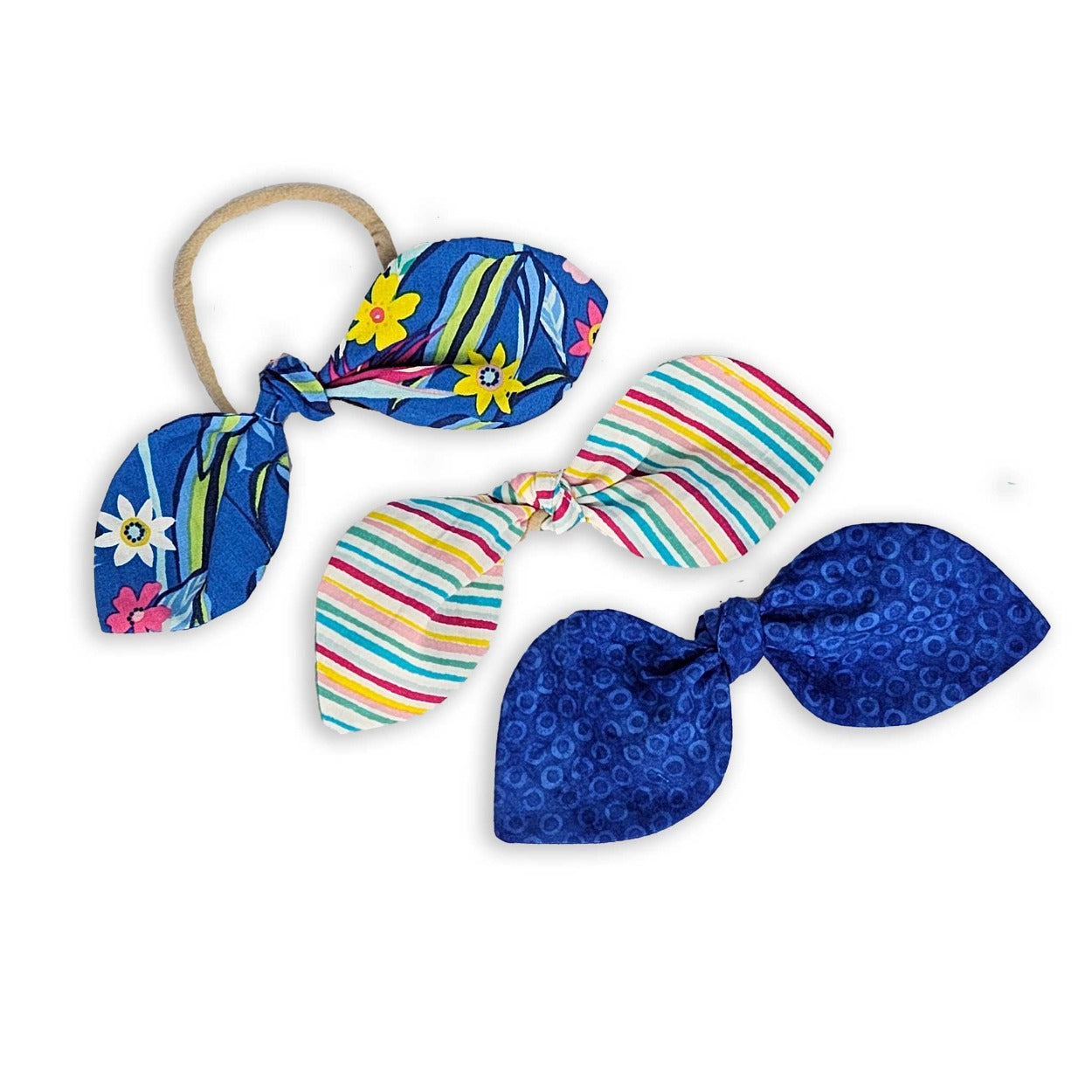 girls hair bows to match blue flowers stripes