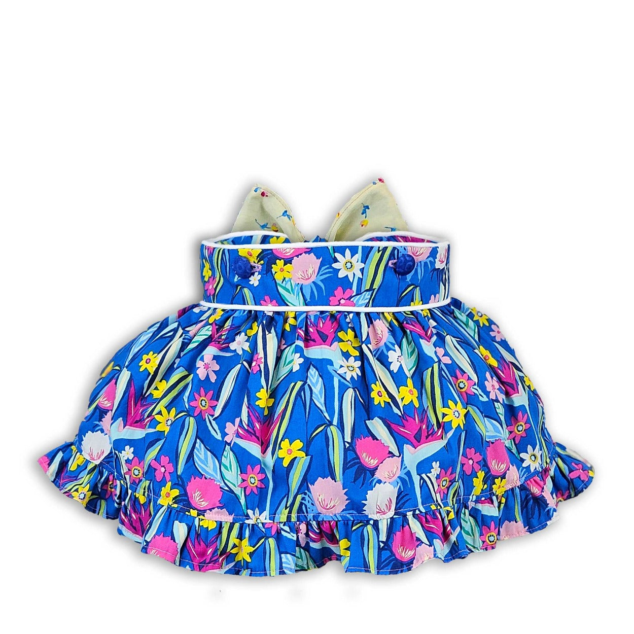 girls full skirt with bow in blue flowers and yellow bow
